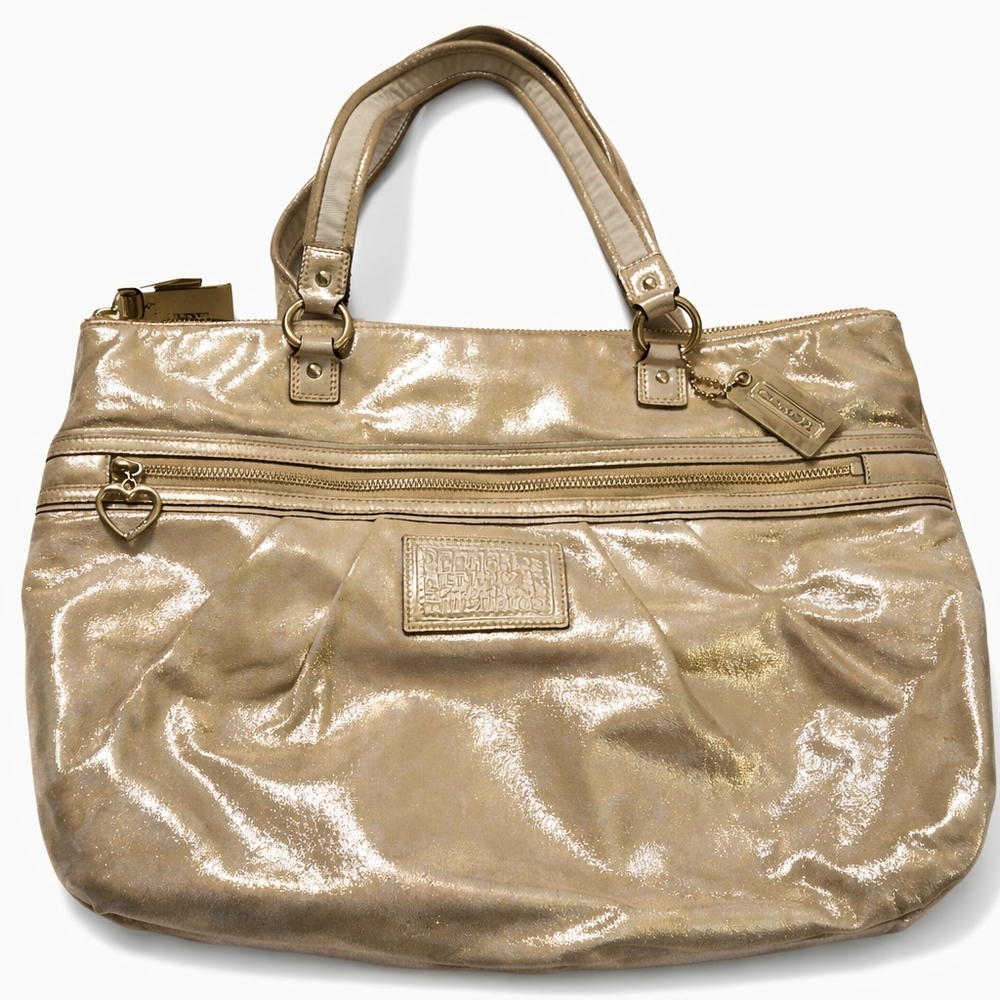 👜✨ Coach Poppy Metallic Glam Tote | Heart Zipper | Champagne Gold ✨👜